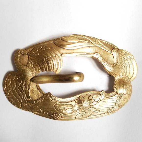 Vintage Jewelry - Relisted -Antique Edwardian crane lily pad sash brooch pin nouveau gold tone